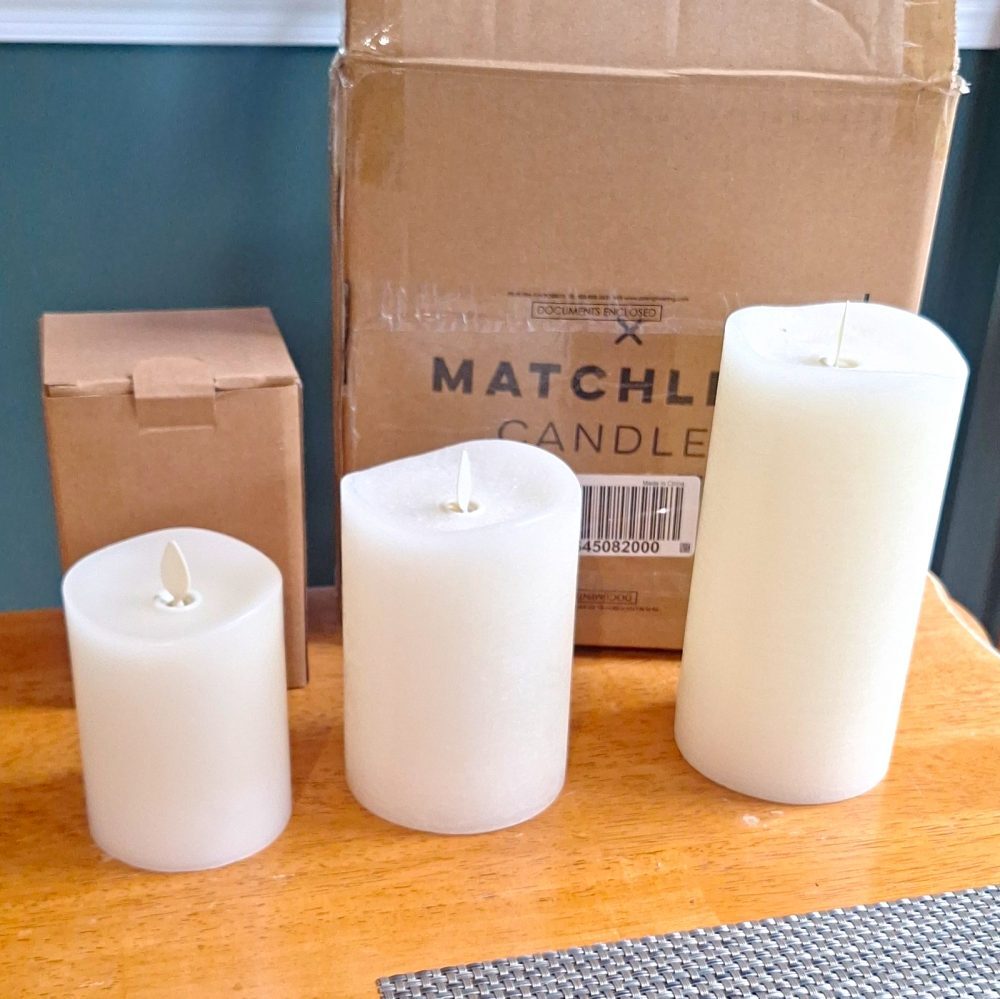 Matchless Candle Co White Wax Pillar Candles Set of 3 Flameless AA Timer Remote